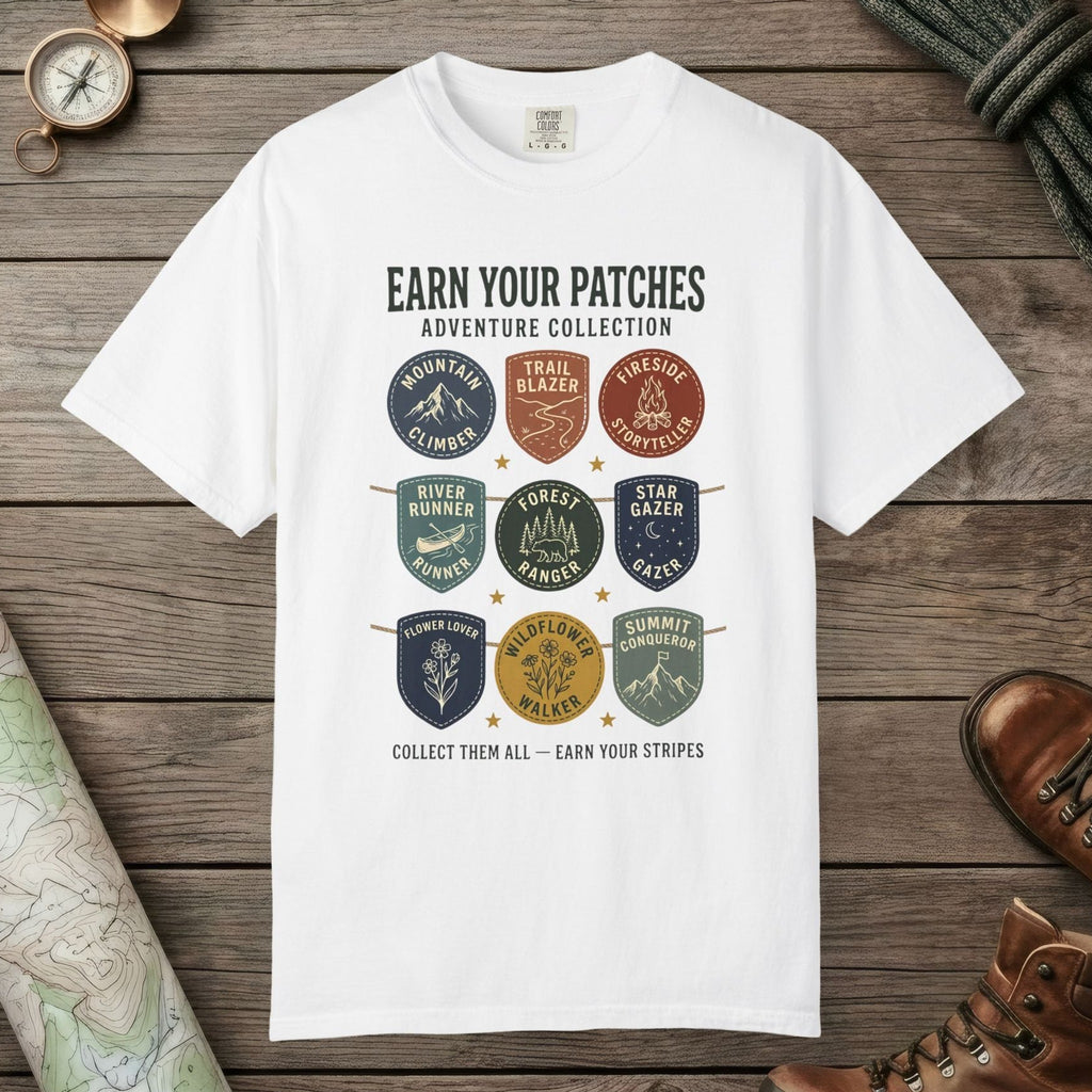 White color unisex graphic t-shirt with "Vintage Trail Patches" design