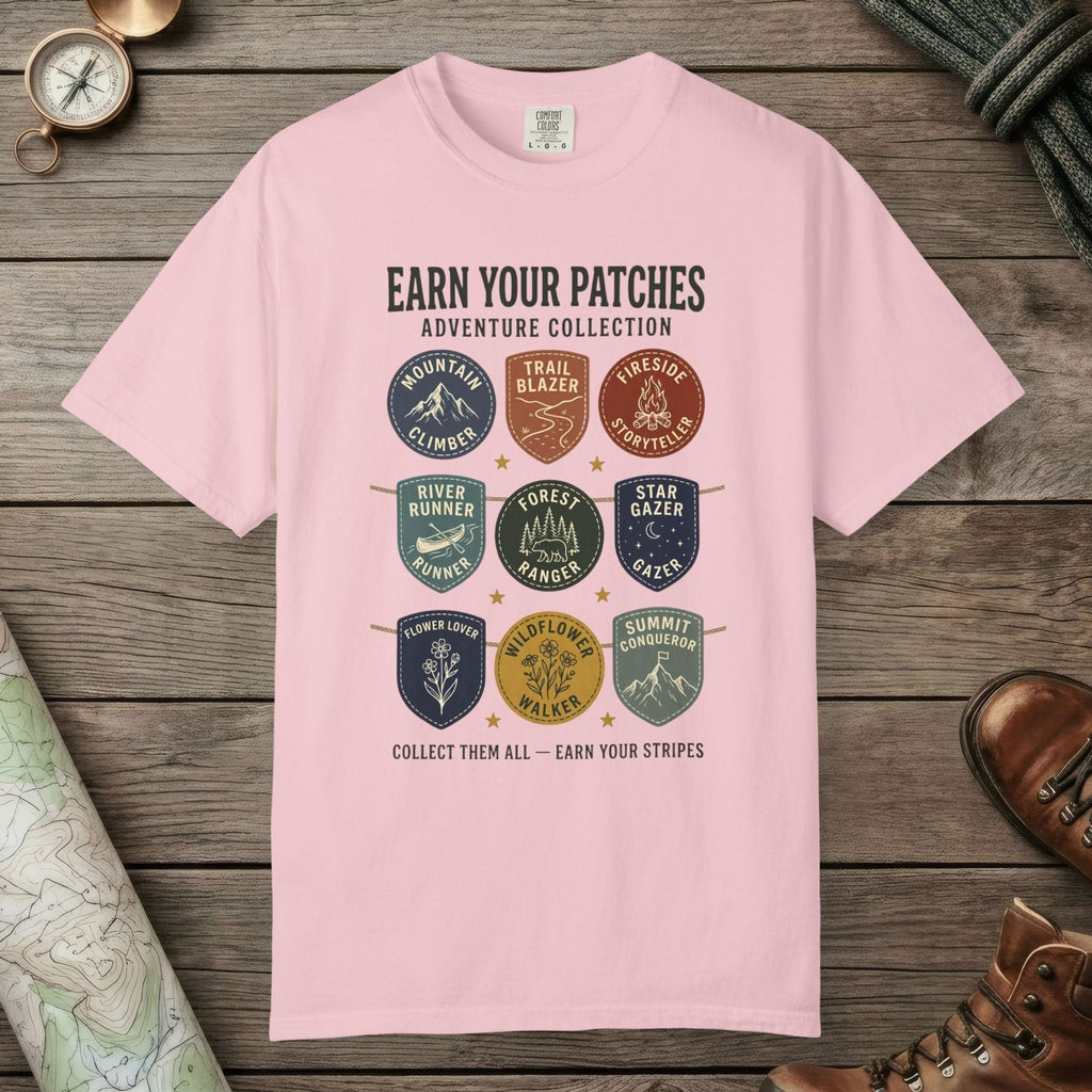Blossom color unisex graphic t-shirt with "Vintage Trail Patches" design