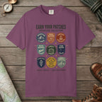 Berry color unisex graphic t-shirt with "Vintage Trail Patches" design