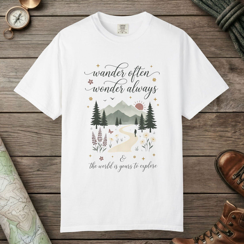 White color unisex graphic t-shirt with "Wander Often" design