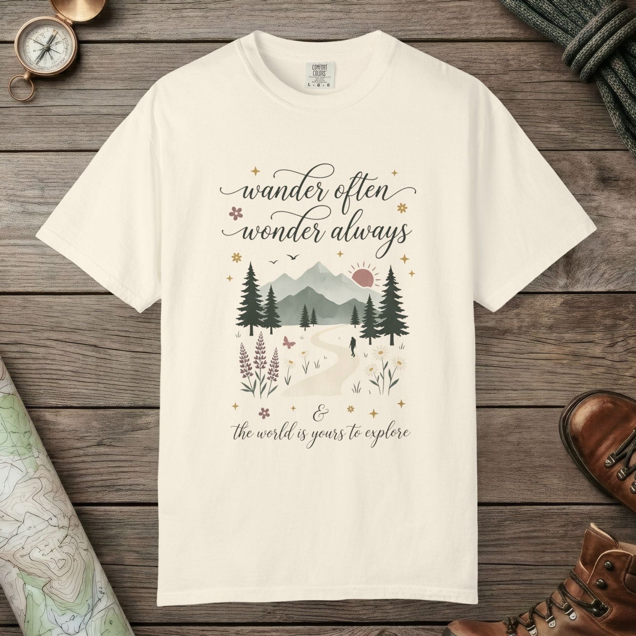 Ivory color unisex graphic t-shirt with "Wander Often" design