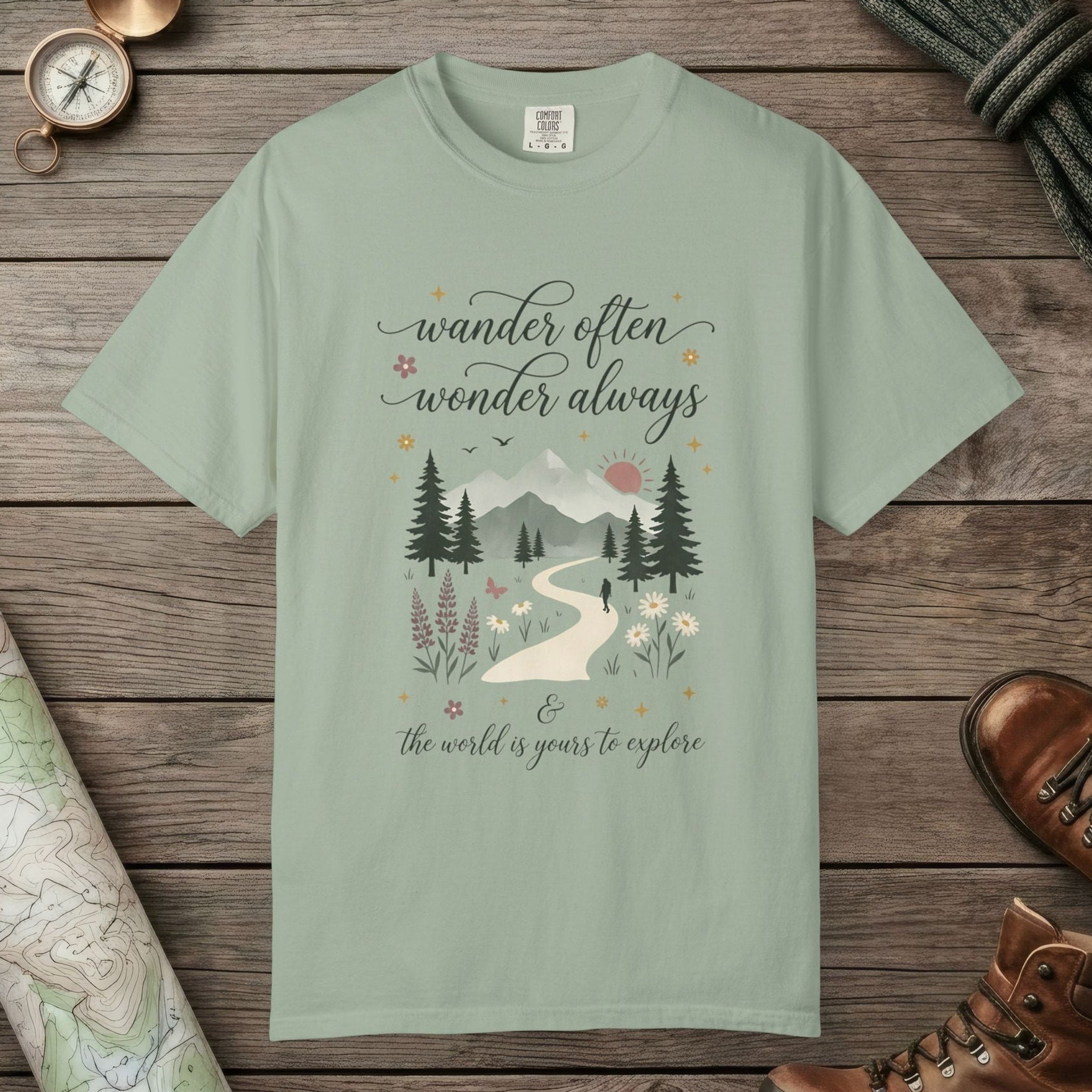 Bay color unisex graphic t-shirt with "Wander Often" design