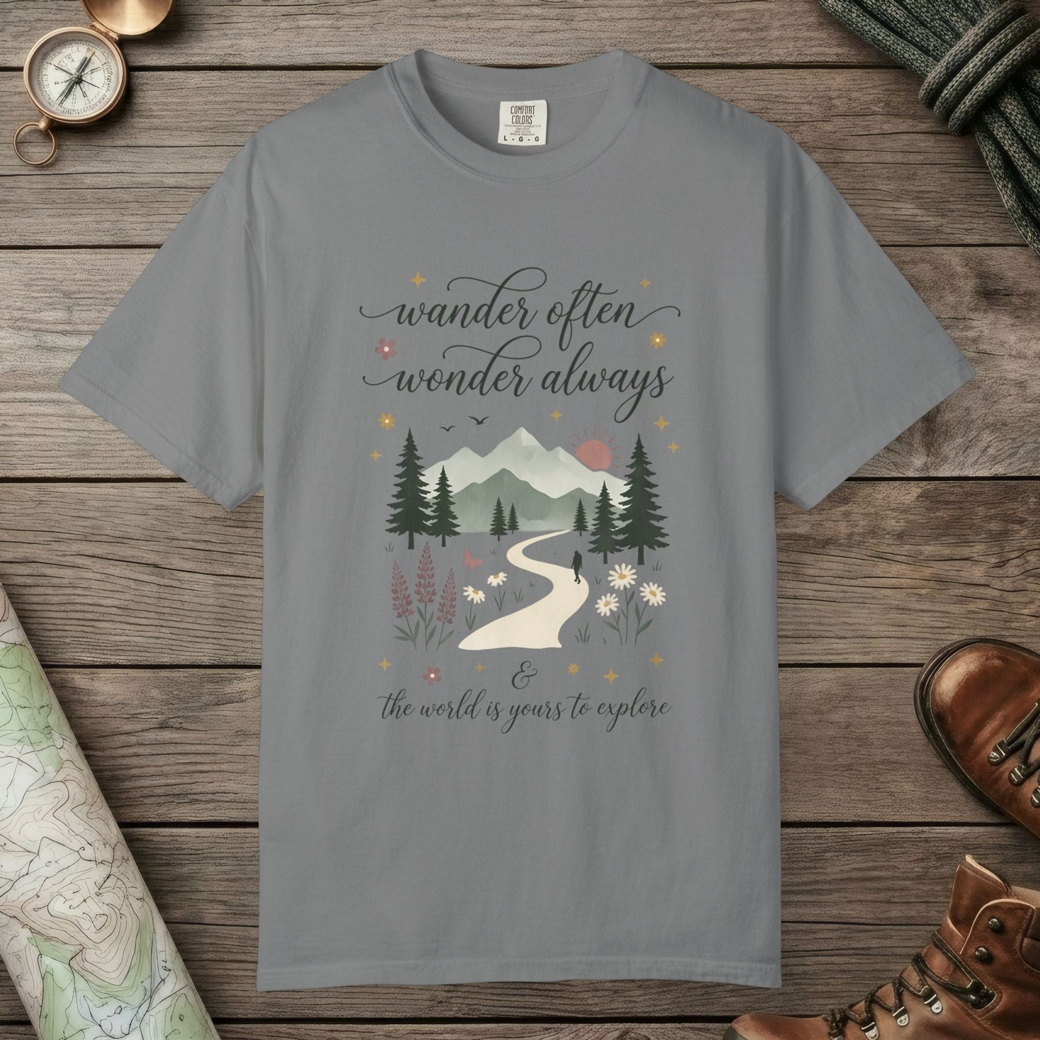 Grey color unisex graphic t-shirt with "Wander Often" design