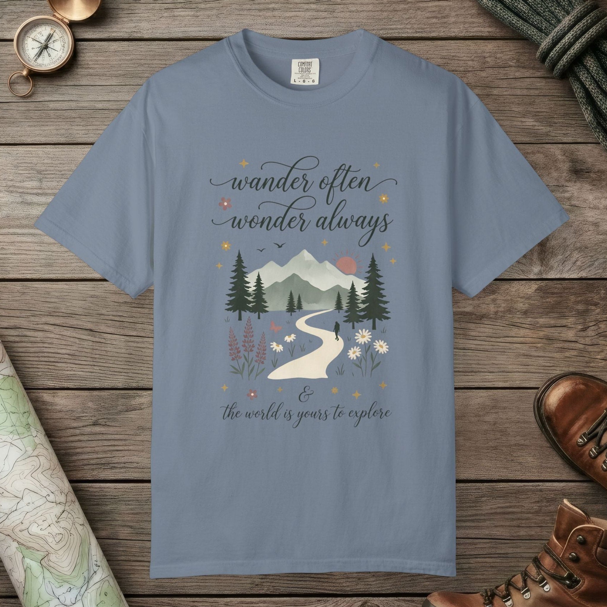 Blue Jean color unisex graphic t-shirt with "Wander Often" design