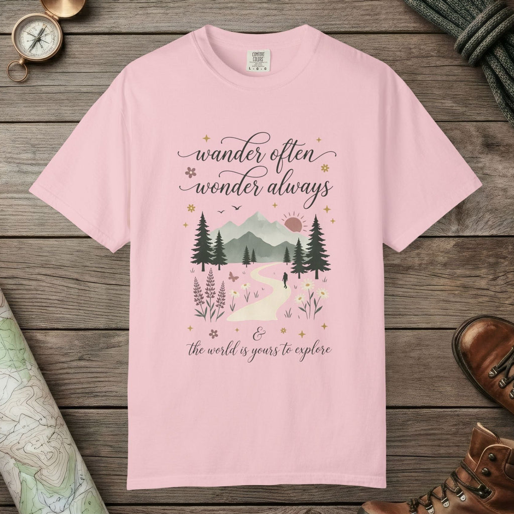 Blossom color unisex graphic t-shirt with "Wander Often" design