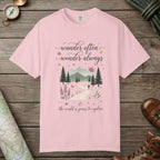 Blossom color unisex graphic t-shirt with "Wander Often" design