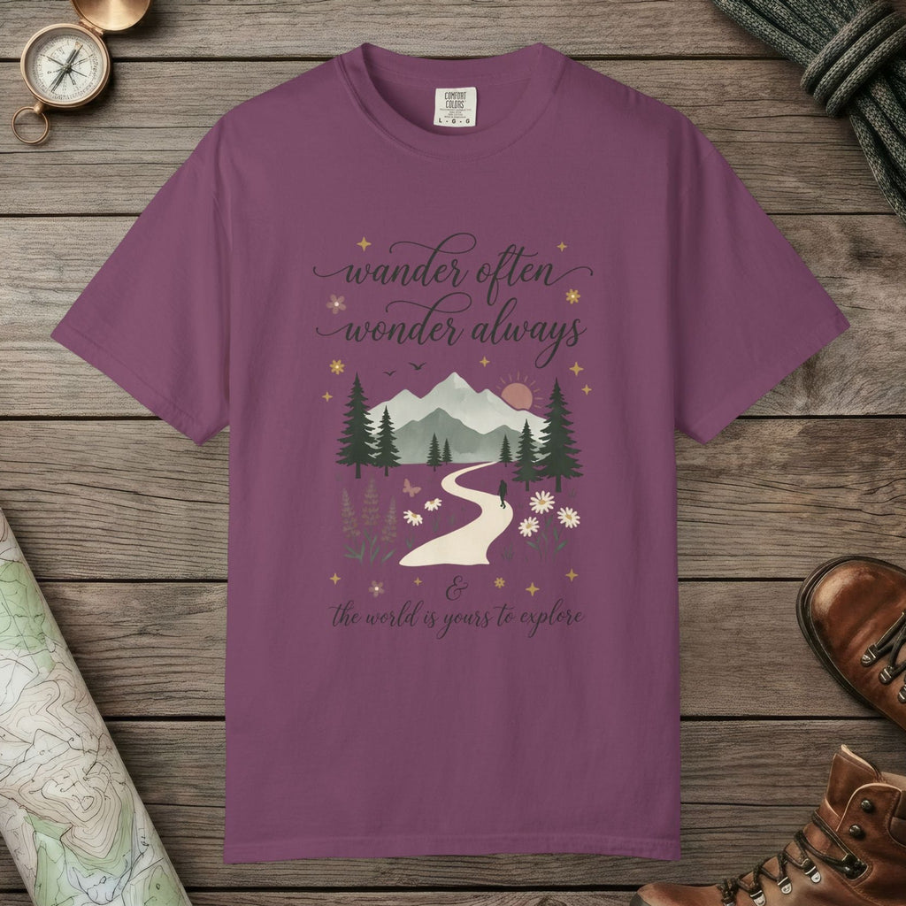 Berry color unisex graphic t-shirt with "Wander Often" design