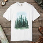 White color unisex graphic t-shirt with "Watercolor Forest" design