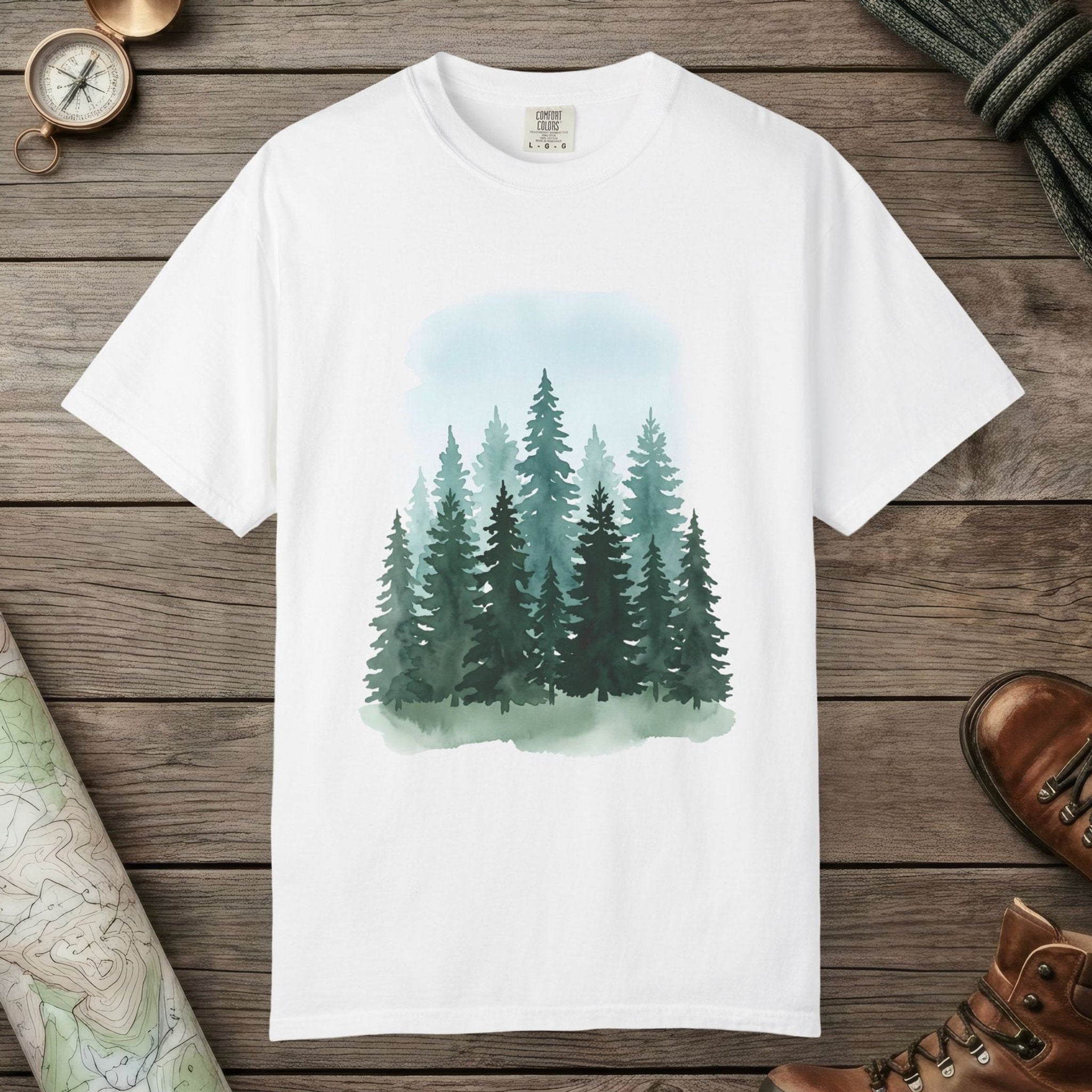 White color unisex graphic t-shirt with "Watercolor Forest" design