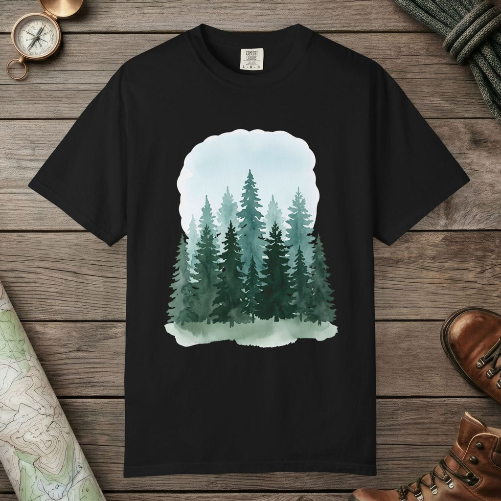 Black color unisex graphic t-shirt with "Watercolor Forest" design