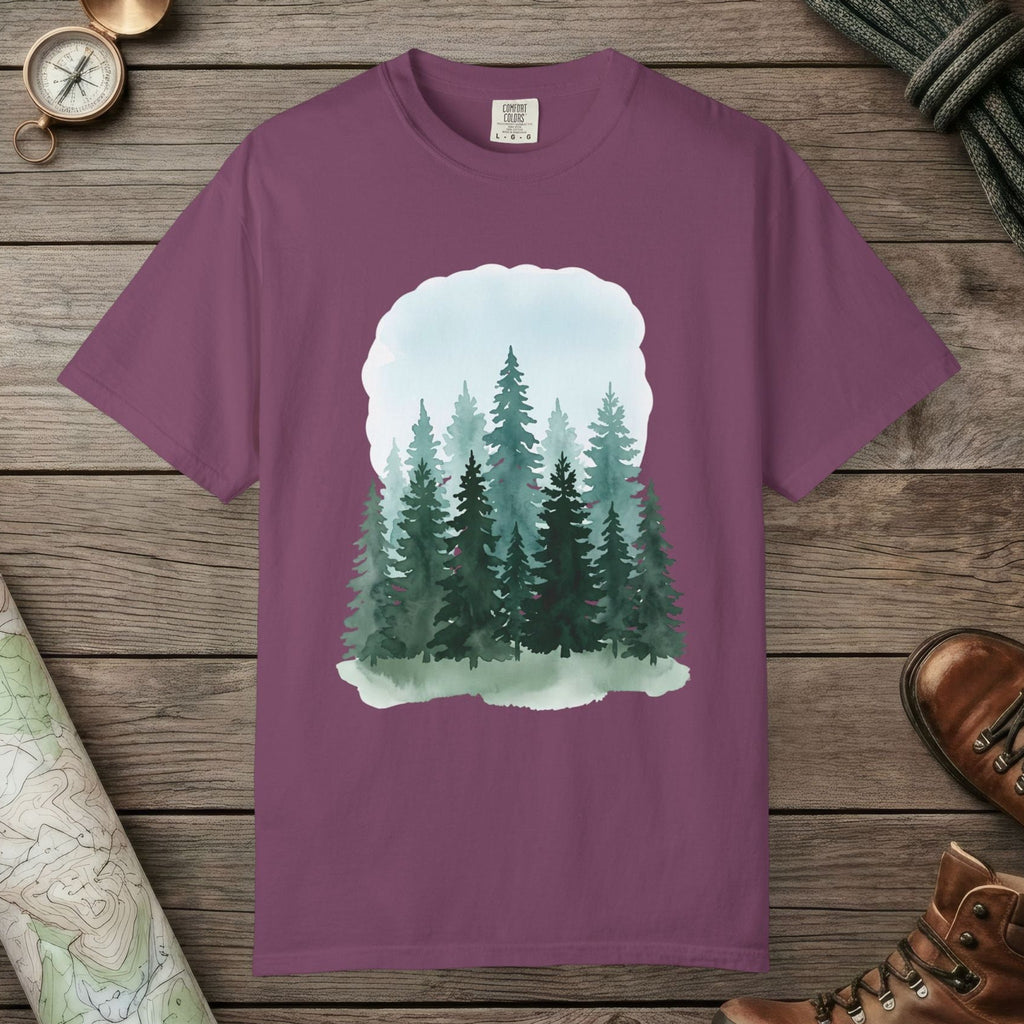 Berry color unisex graphic t-shirt with "Watercolor Forest" design