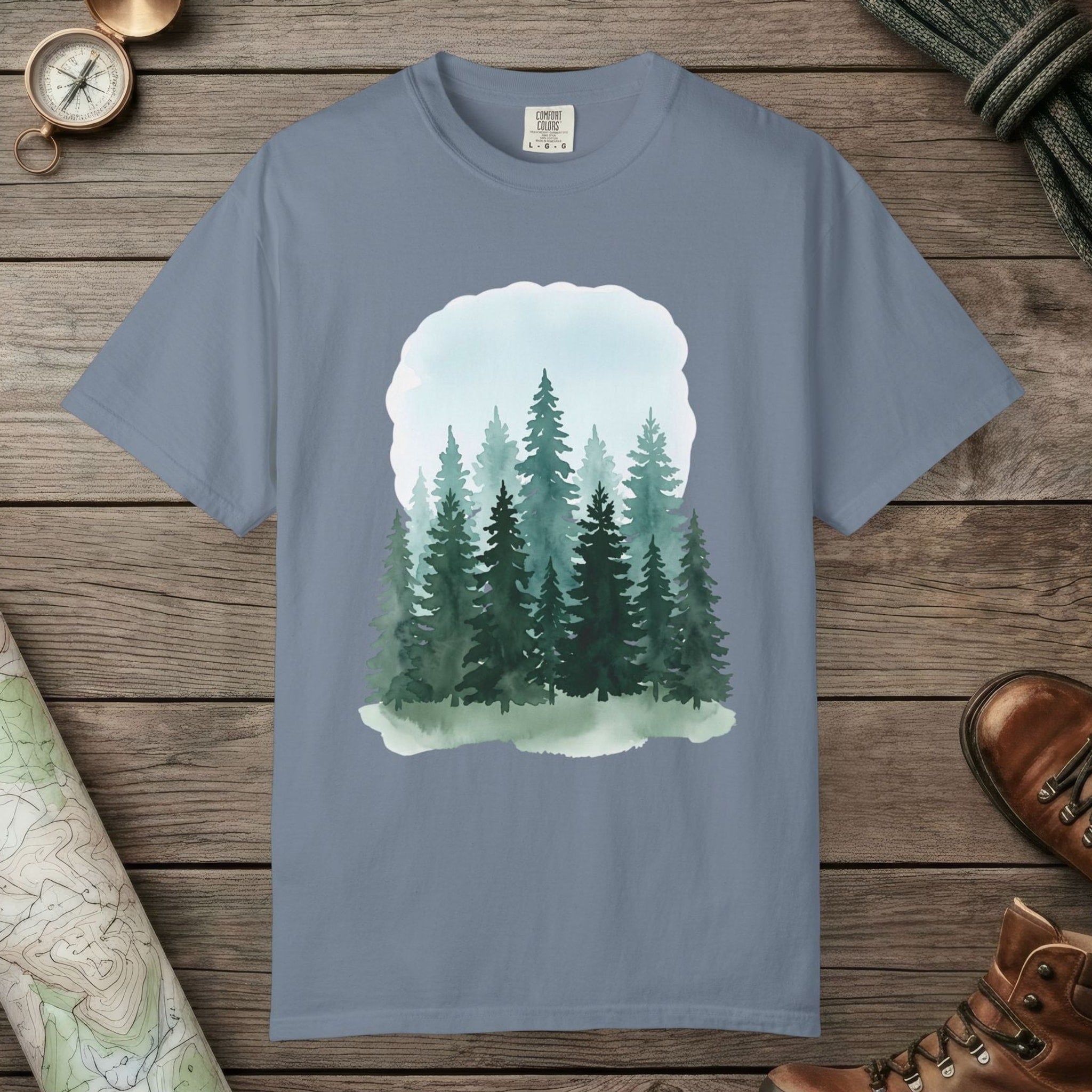 Blue Jean color unisex graphic t-shirt with "Watercolor Forest" design