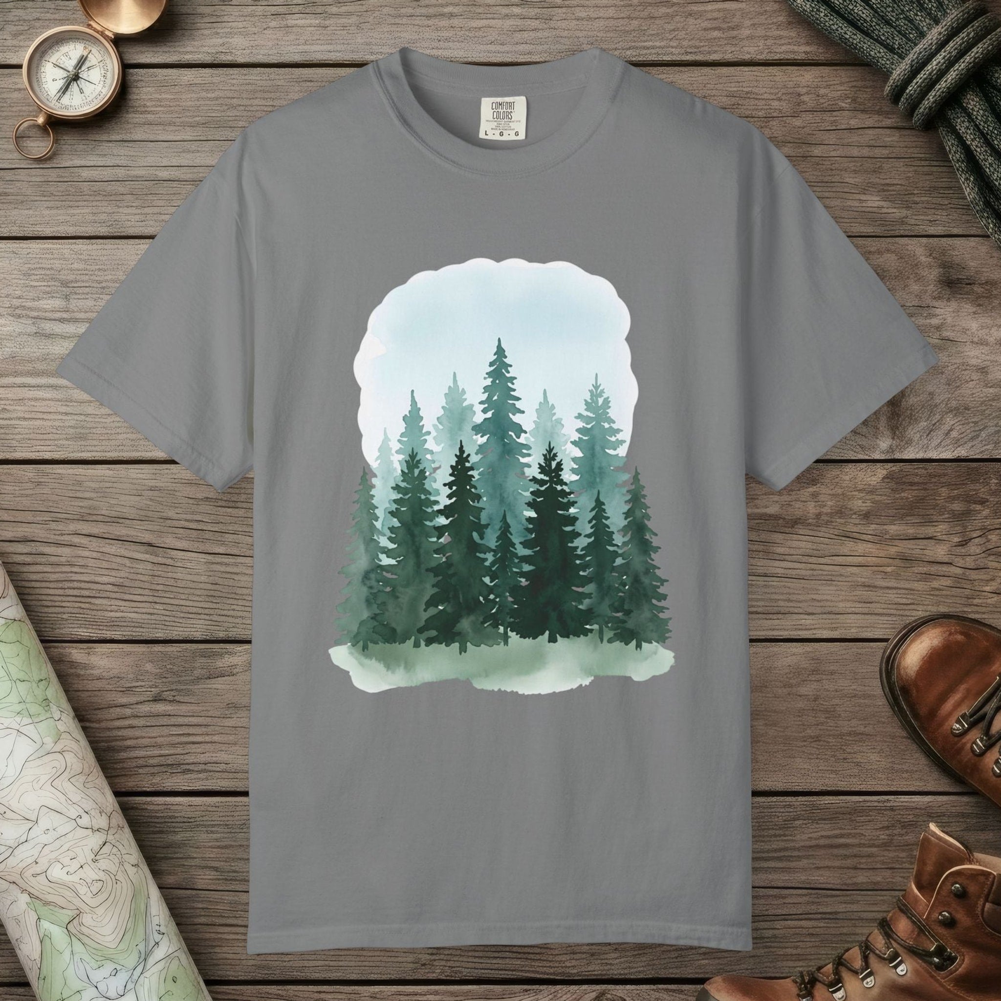 Grey color unisex graphic t-shirt with "Watercolor Forest" design