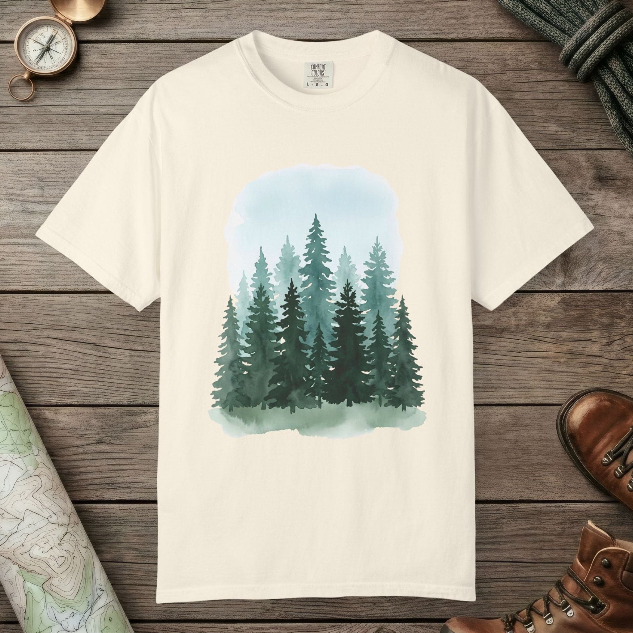 Ivory color unisex graphic t-shirt with "Watercolor Forest" design