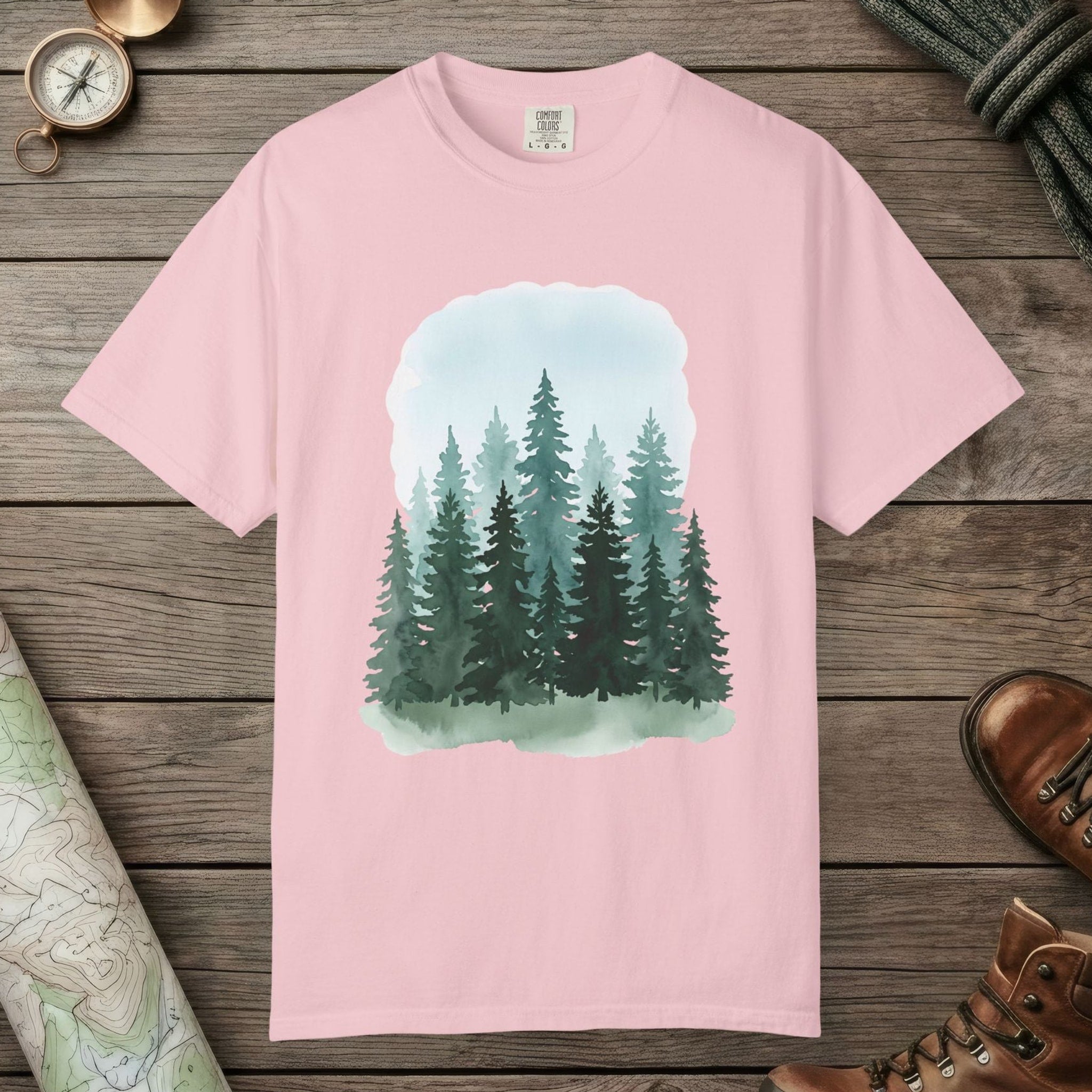 Blossom color unisex graphic t-shirt with "Watercolor Forest" design