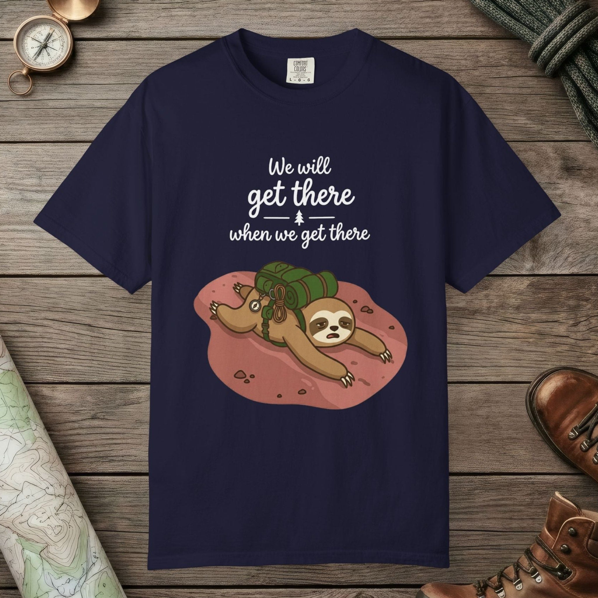 True Navy color unisex graphic t-shirt with "We'll Get There" design
