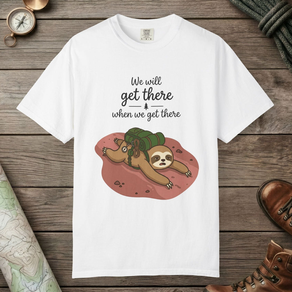 White color unisex graphic t-shirt with "We'll Get There" design