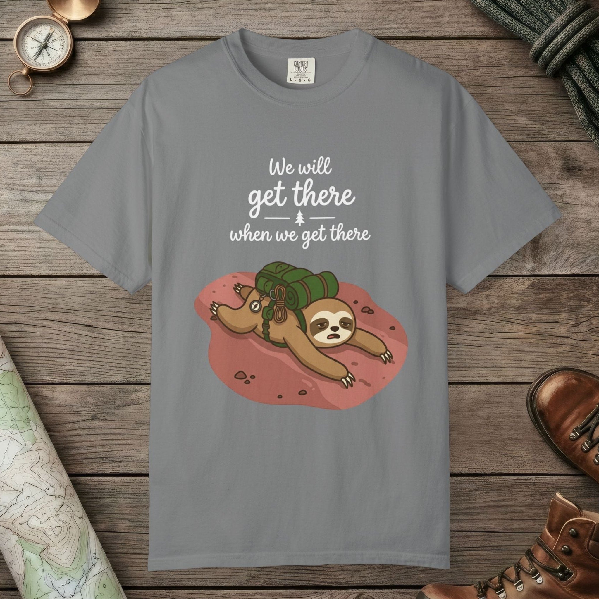 Grey color unisex graphic t-shirt with "We'll Get There" design