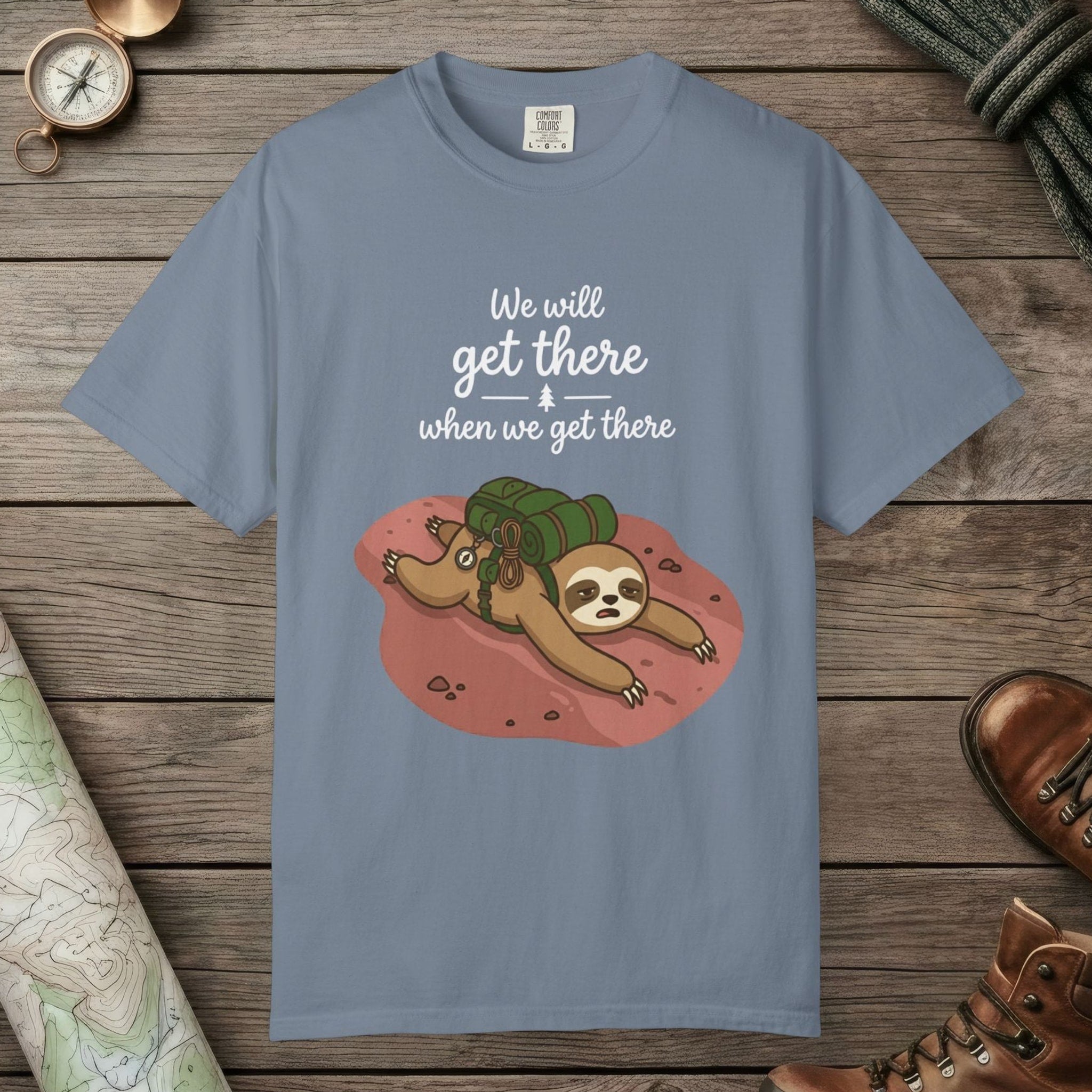 Blue Jean color unisex graphic t-shirt with "We'll Get There" design