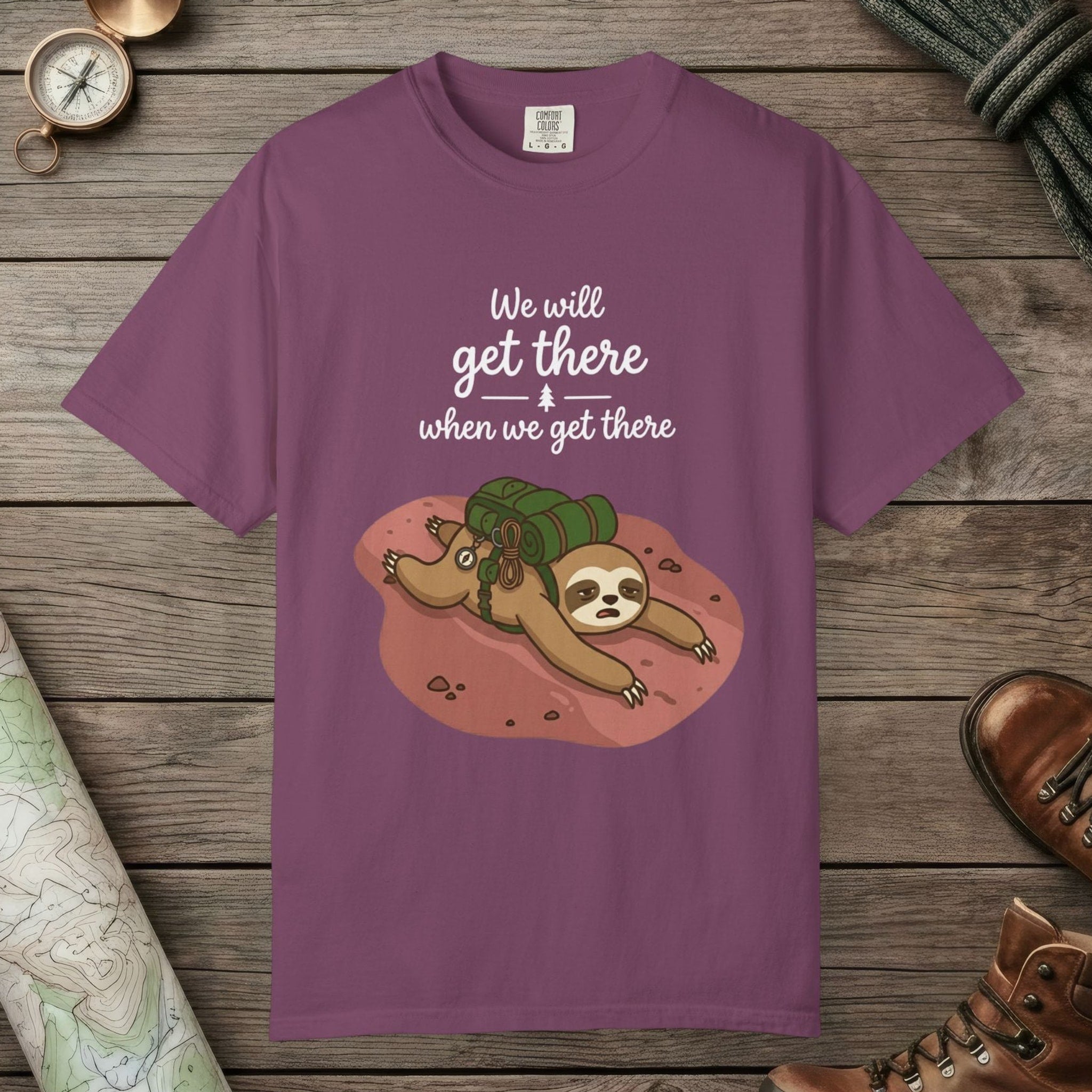 Berry color unisex graphic t-shirt with "We'll Get There" design
