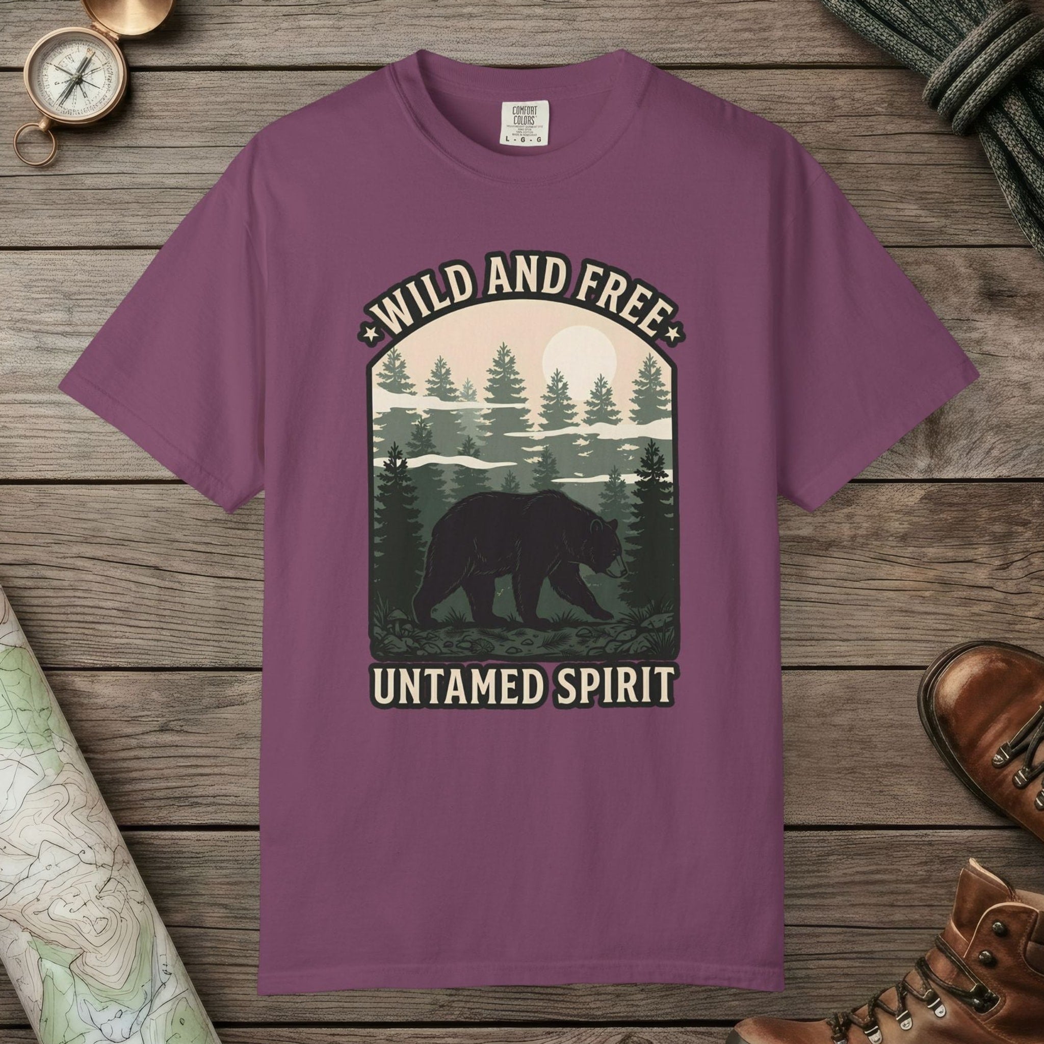 Berry color unisex graphic t-shirt with "Wild And Free" design