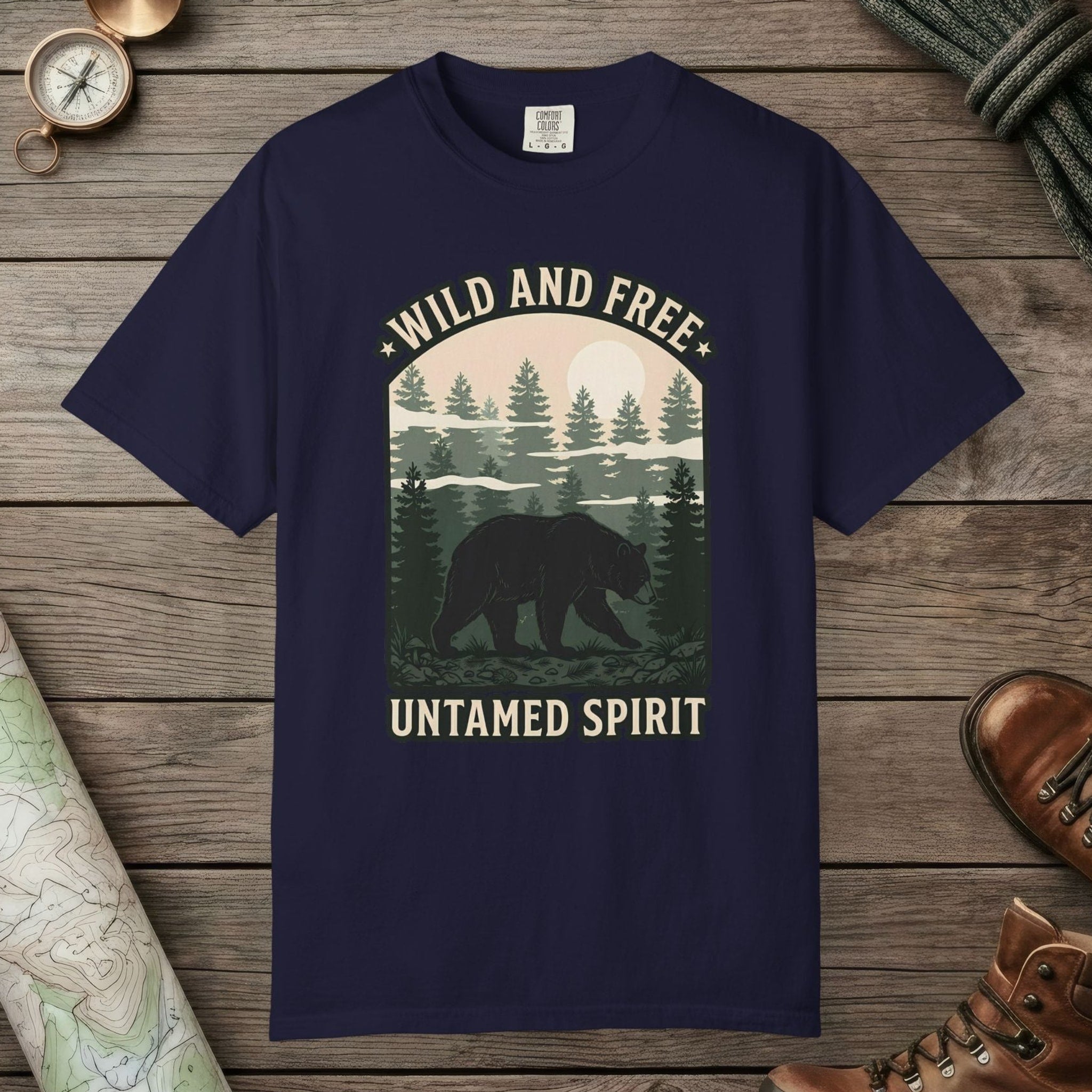 True Navy color unisex graphic t-shirt with "Wild And Free" design
