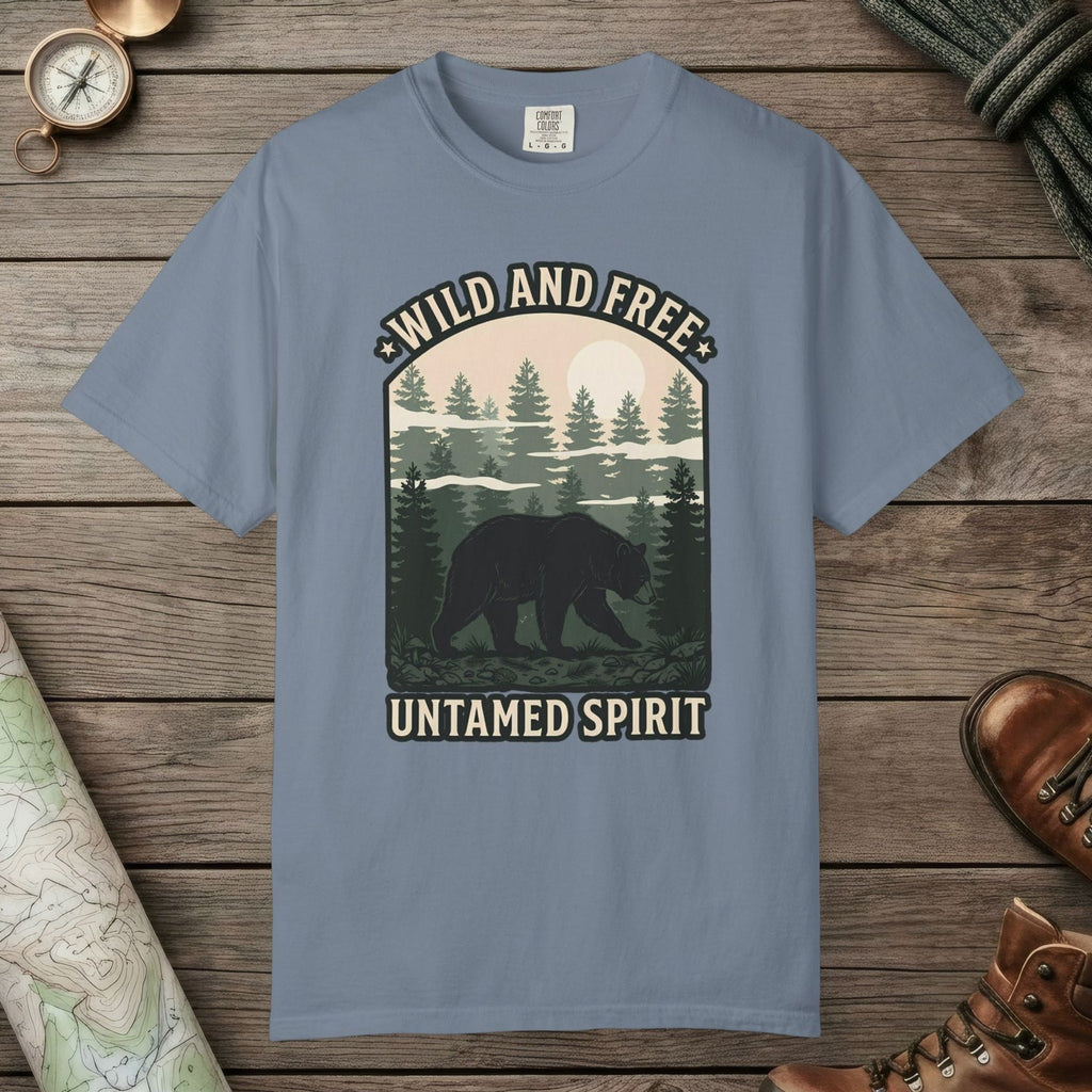 Blue Jean color unisex graphic t-shirt with "Wild And Free" design
