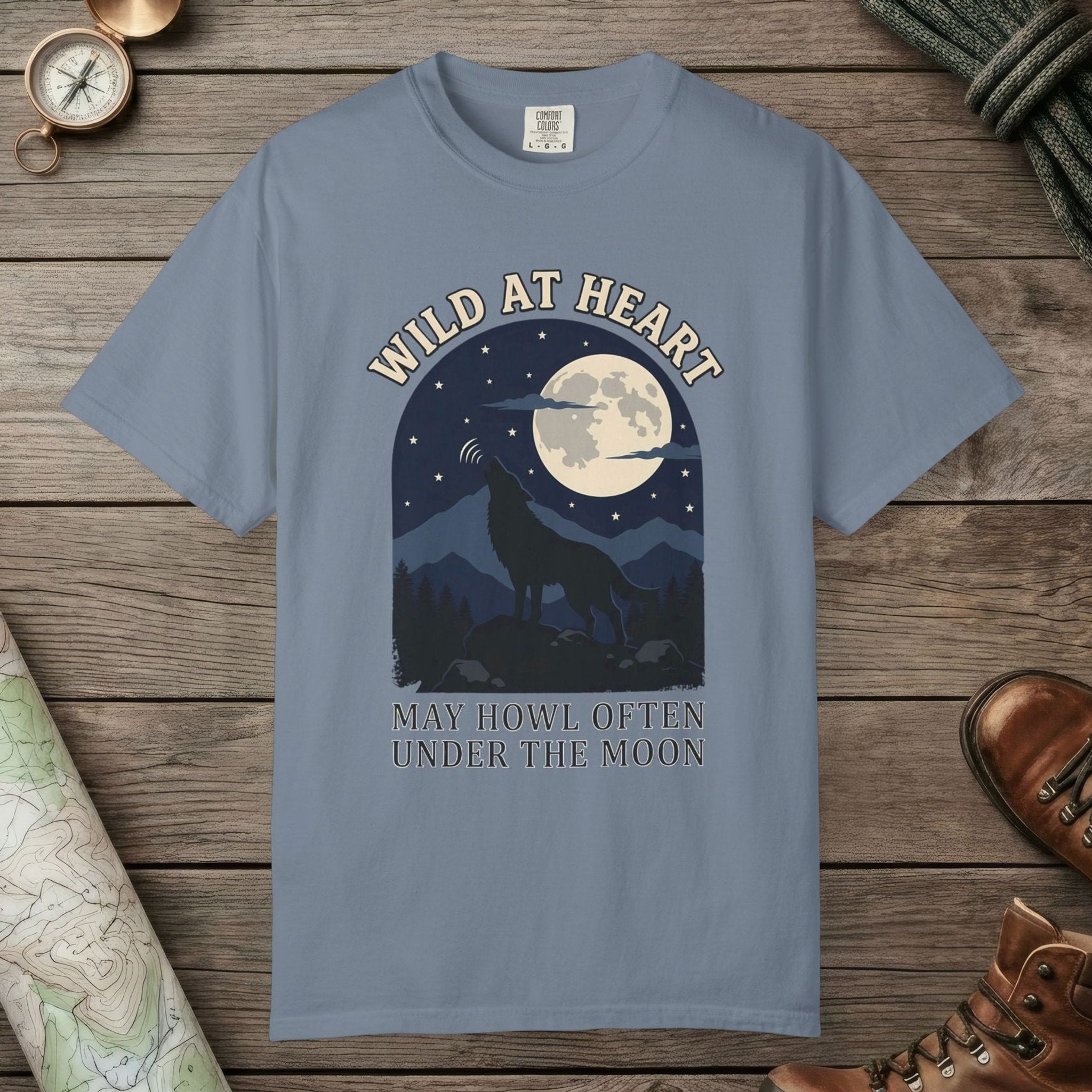 Blue Jean color unisex graphic t-shirt with "Wild At Heart" design