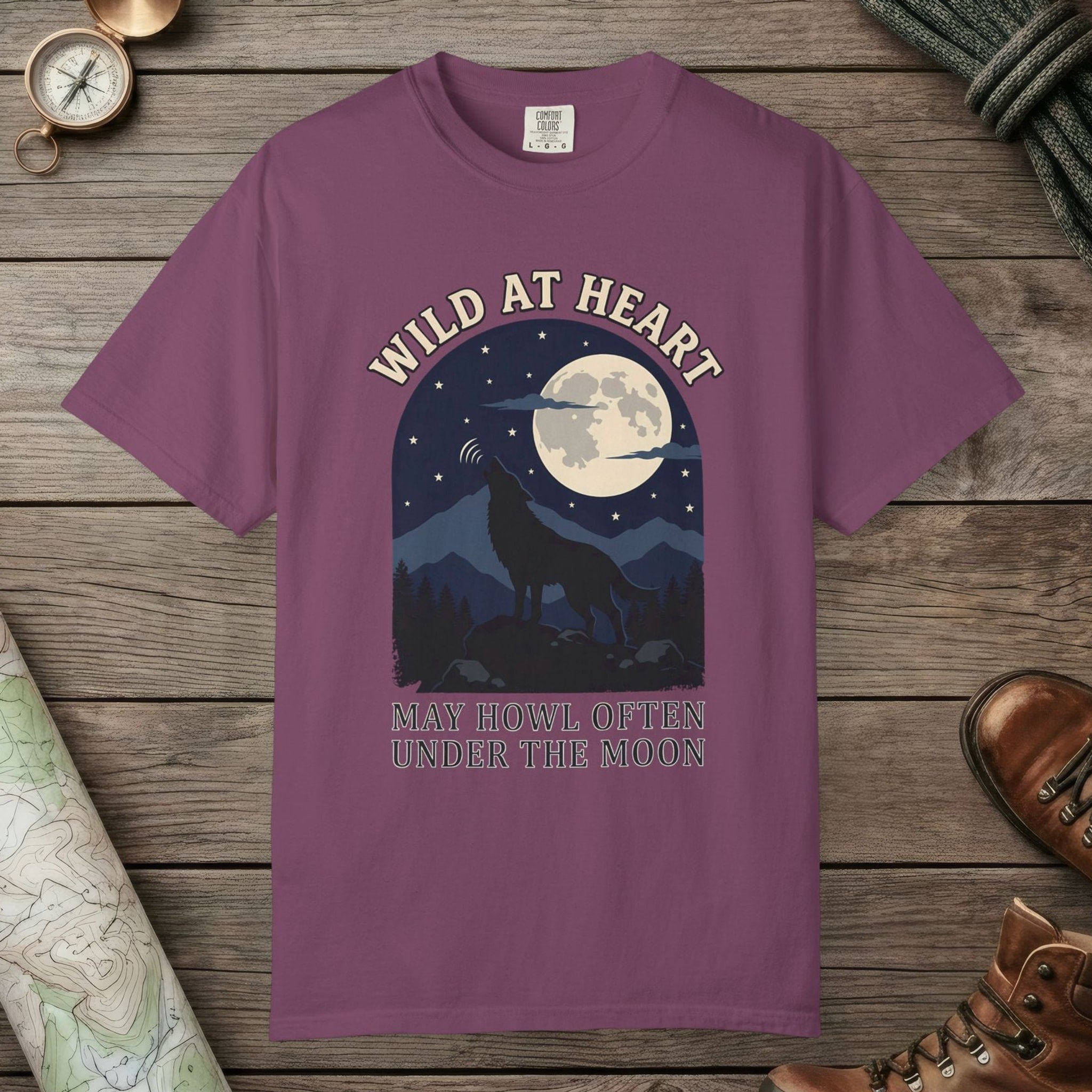Berry color unisex graphic t-shirt with "Wild At Heart" design