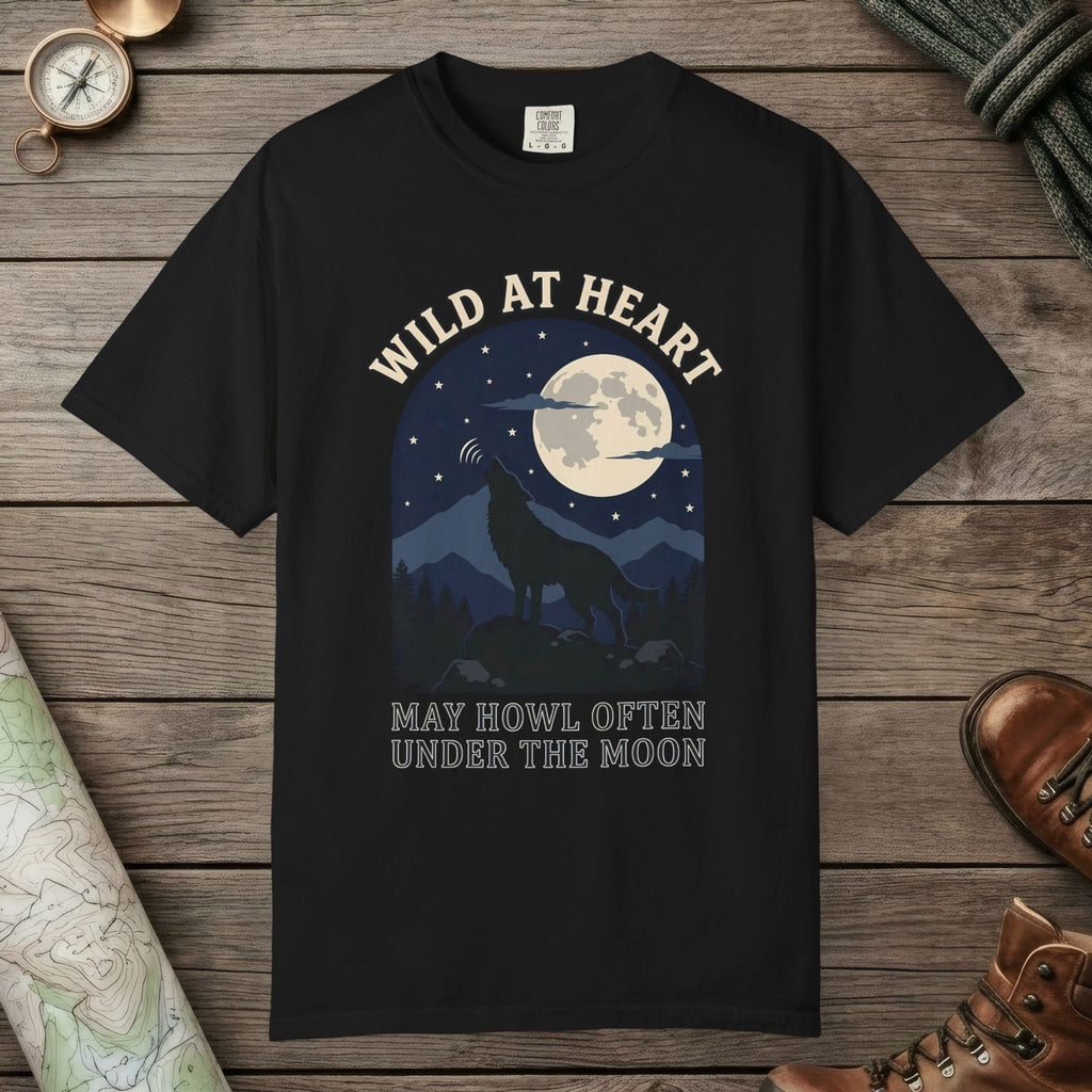 Black color unisex graphic t-shirt with "Wild At Heart" design