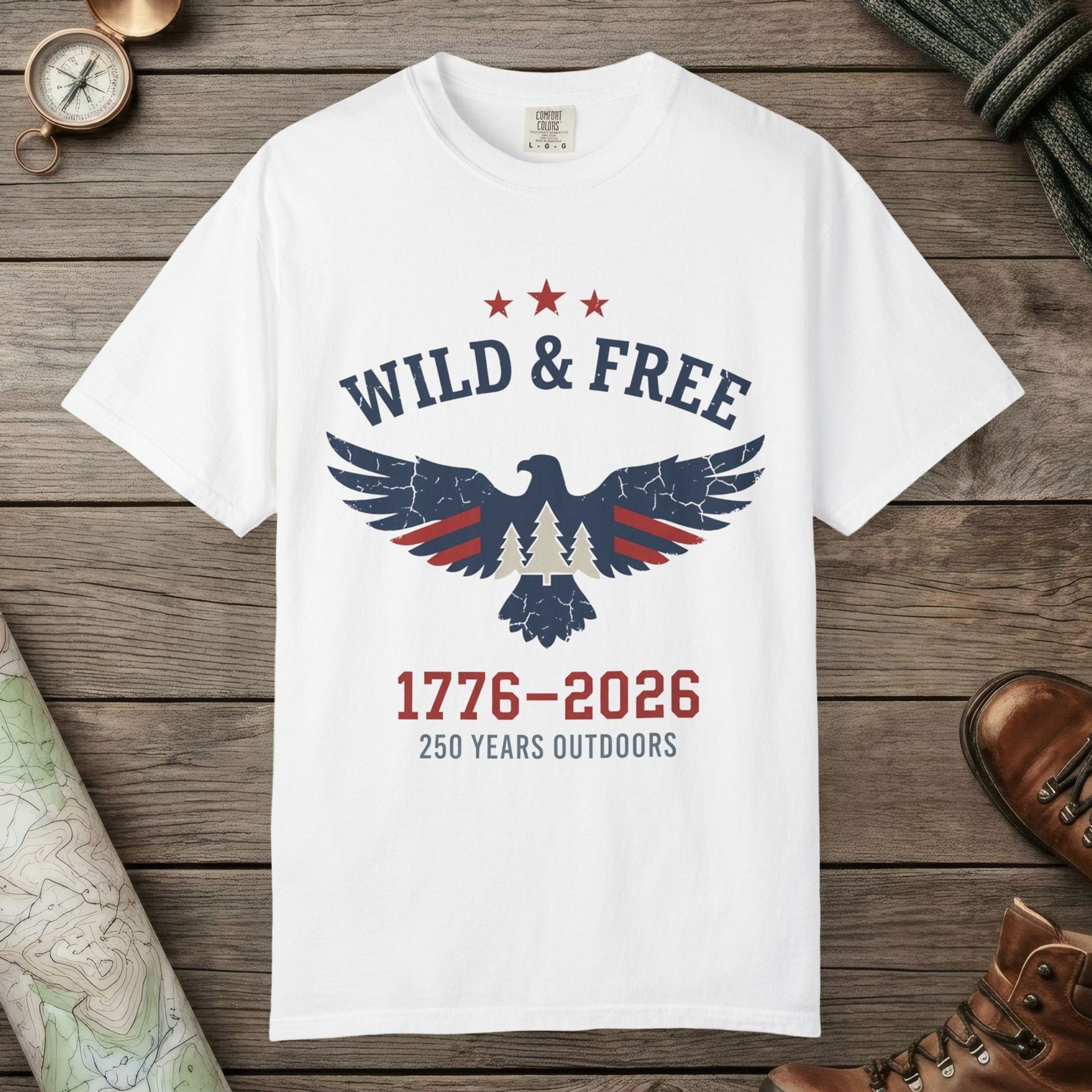 White color unisex graphic t-shirt with "Wild & Free 250" design
