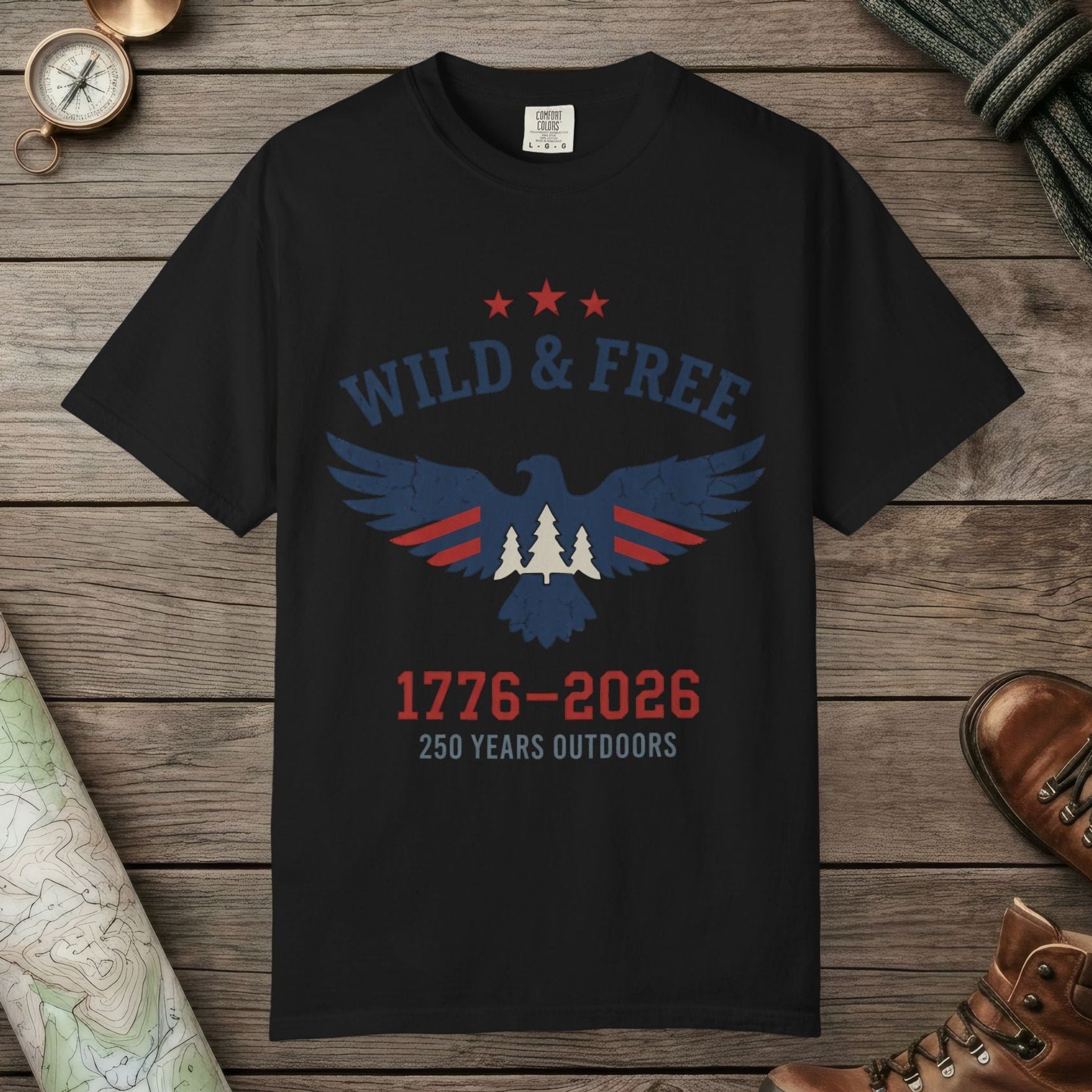 Black color unisex graphic t-shirt with "Wild & Free 250" design