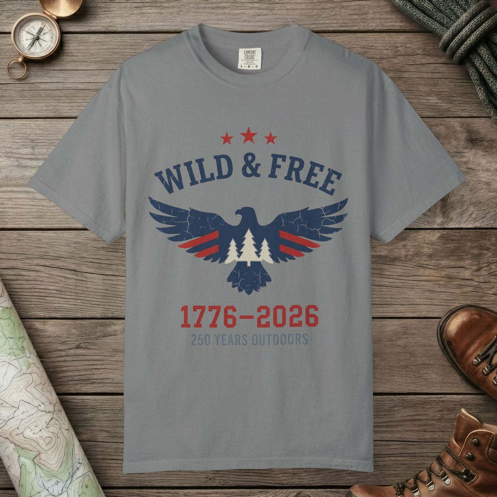Grey color unisex graphic t-shirt with "Wild & Free 250" design