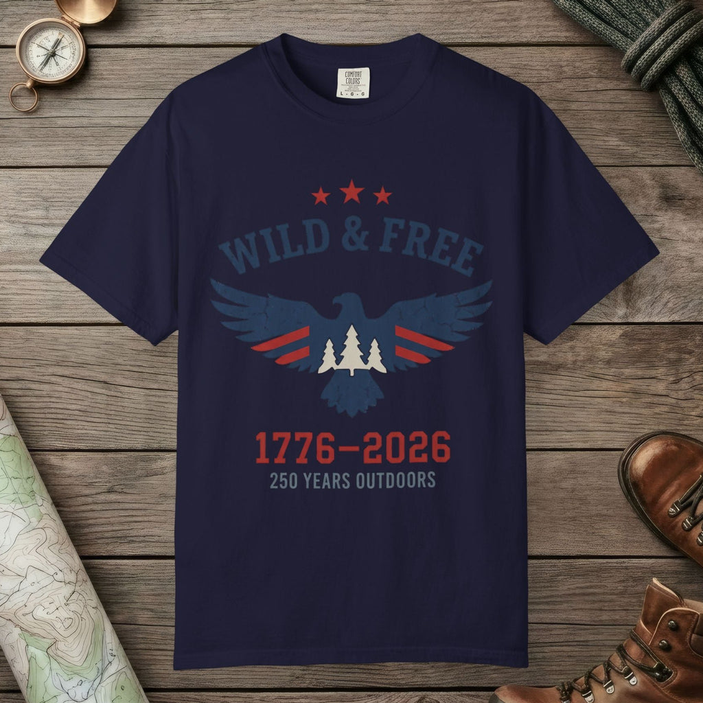 True Navy color unisex graphic t-shirt with "Wild & Free 250" design