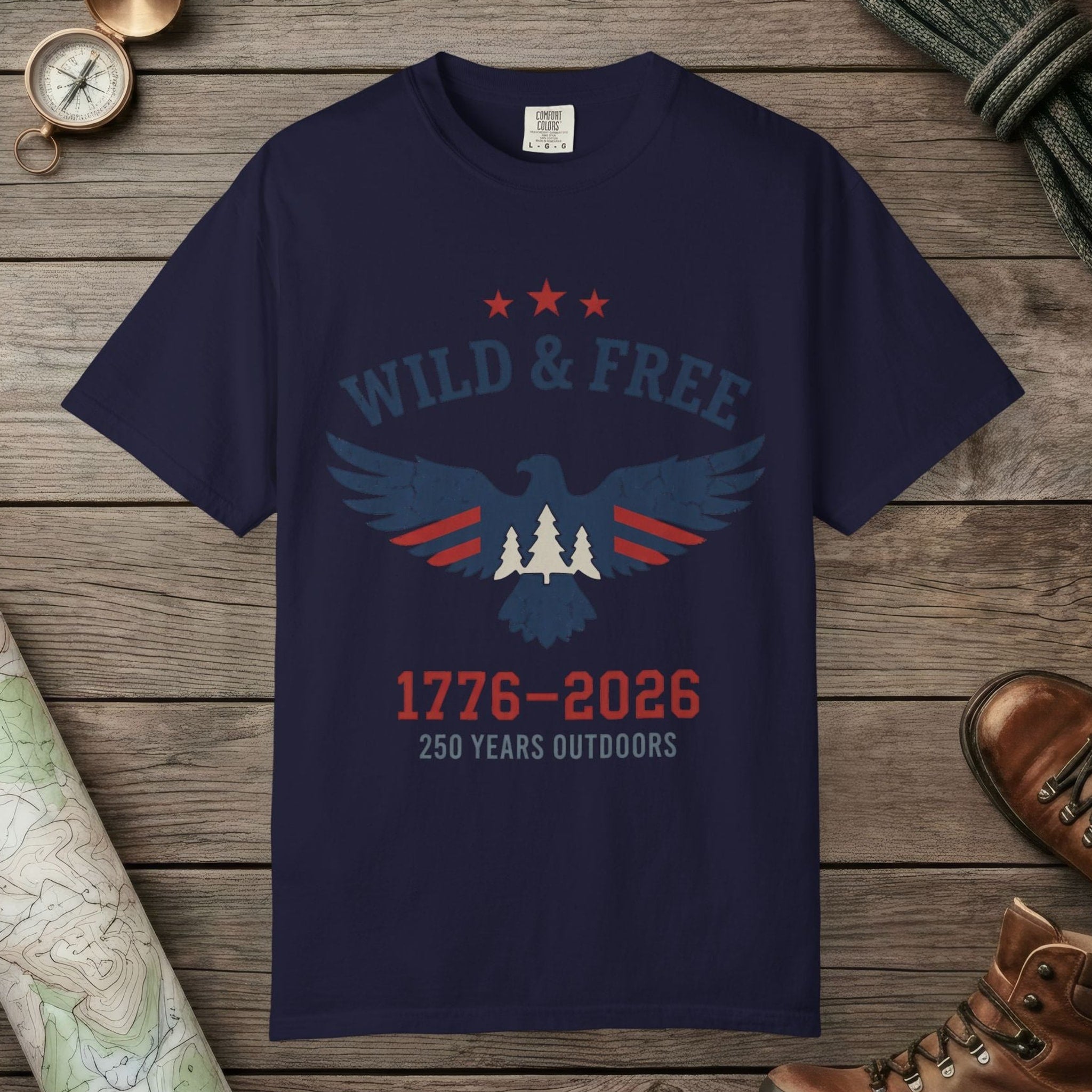 True Navy color unisex graphic t-shirt with "Wild & Free 250" design