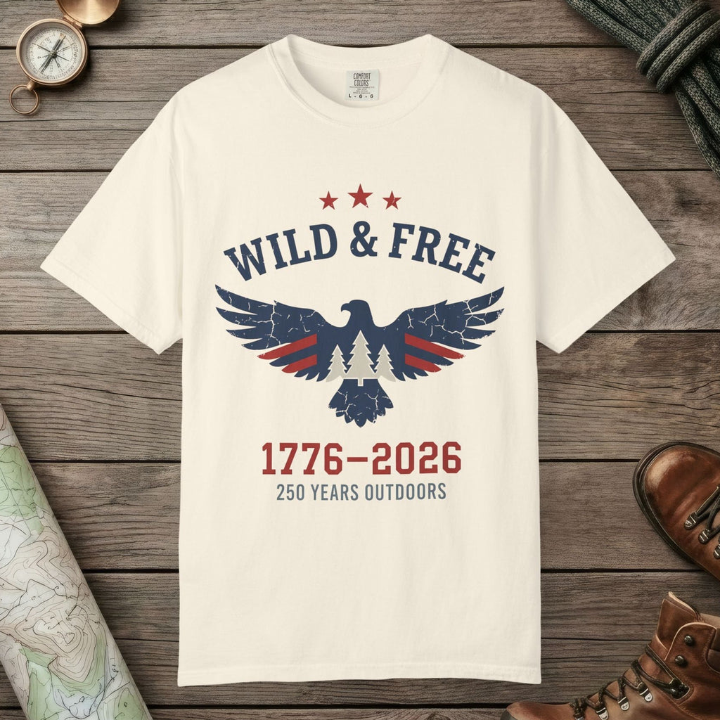 Ivory color unisex graphic t-shirt with "Wild & Free 250" design
