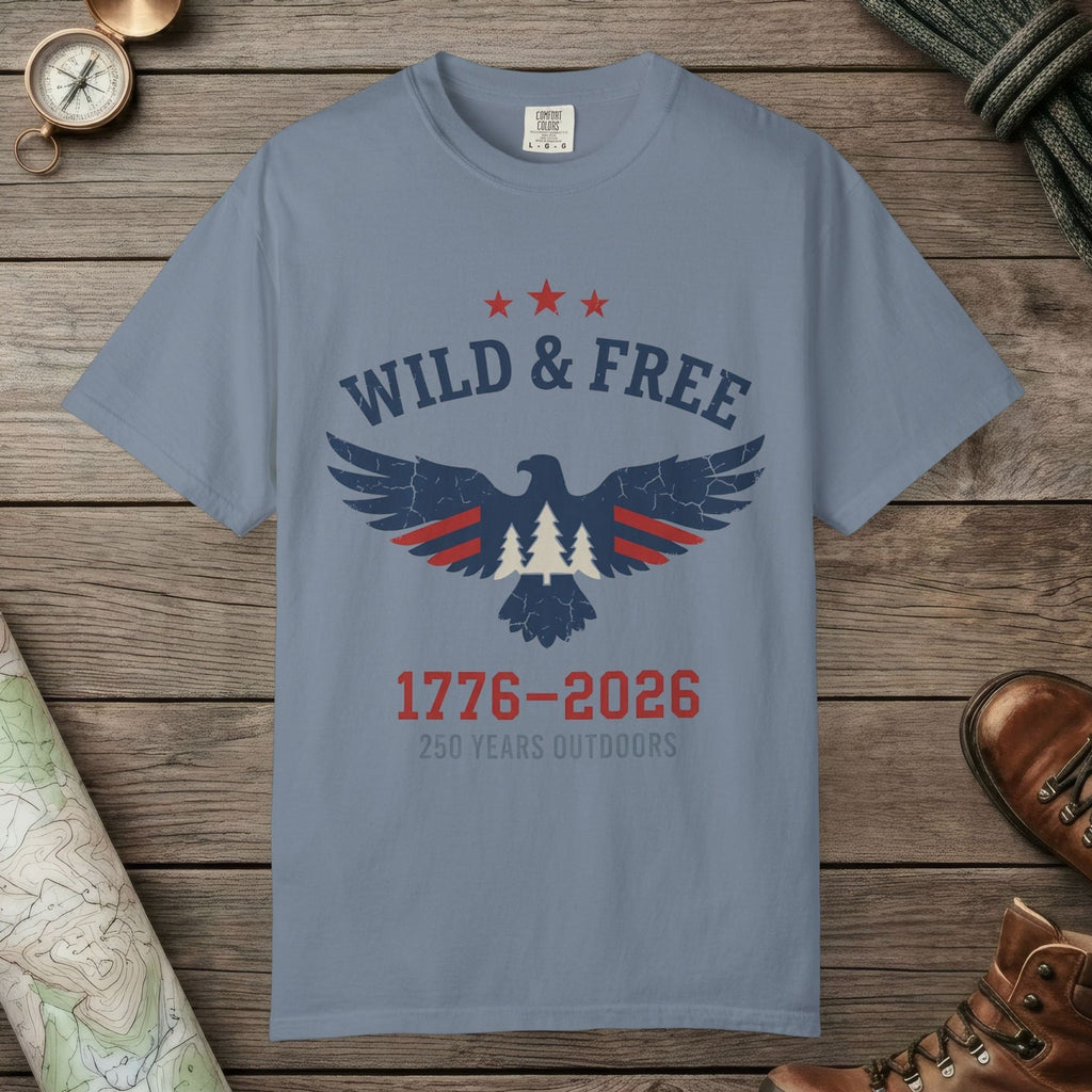 Blue Jean color unisex graphic t-shirt with "Wild & Free 250" design