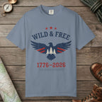 Blue Jean color unisex graphic t-shirt with "Wild & Free 250" design