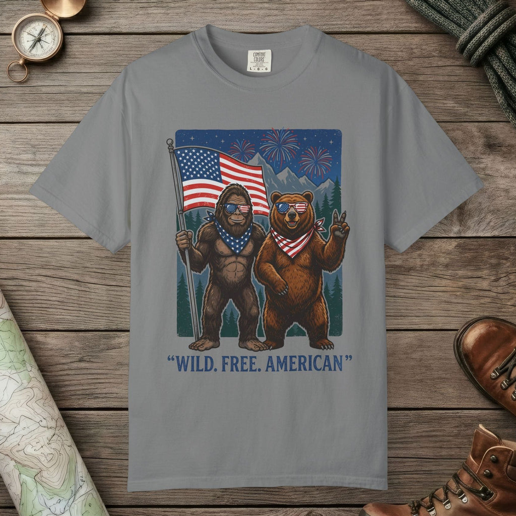 Grey color unisex graphic t-shirt with "Wild Free American" design