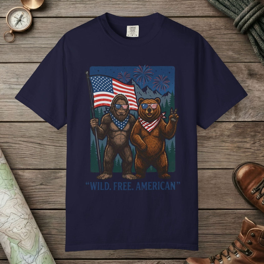 True Navy color unisex graphic t-shirt with "Wild Free American" design