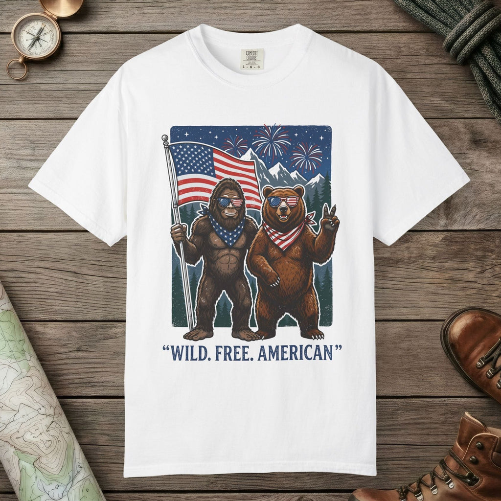 White color unisex graphic t-shirt with "Wild Free American" design