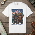 White color unisex graphic t-shirt with "Wild Free American" design