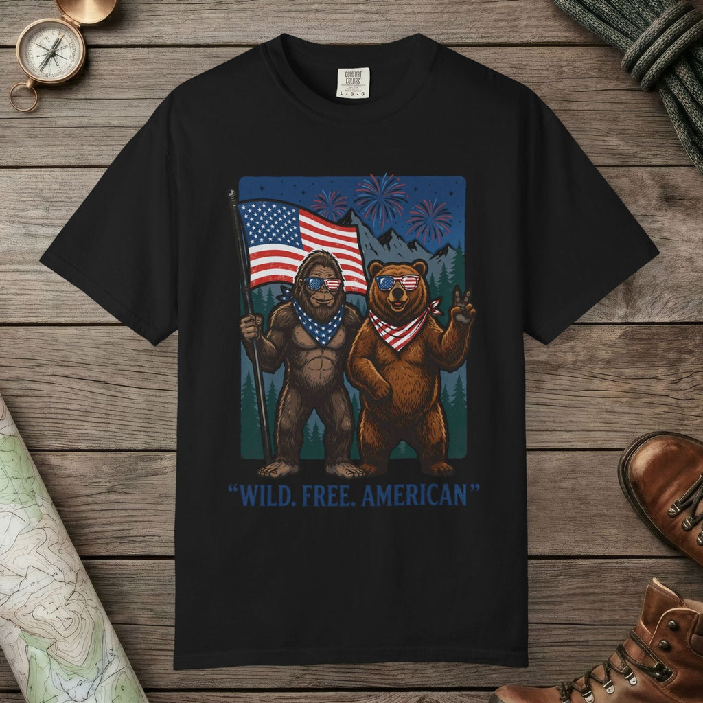 Black color unisex graphic t-shirt with "Wild Free American" design