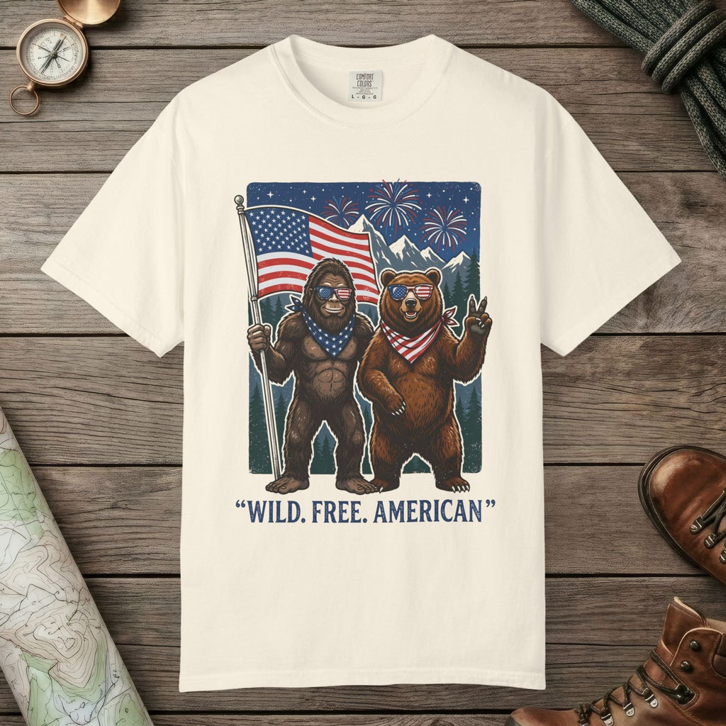 Ivory color unisex graphic t-shirt with "Wild Free American" design