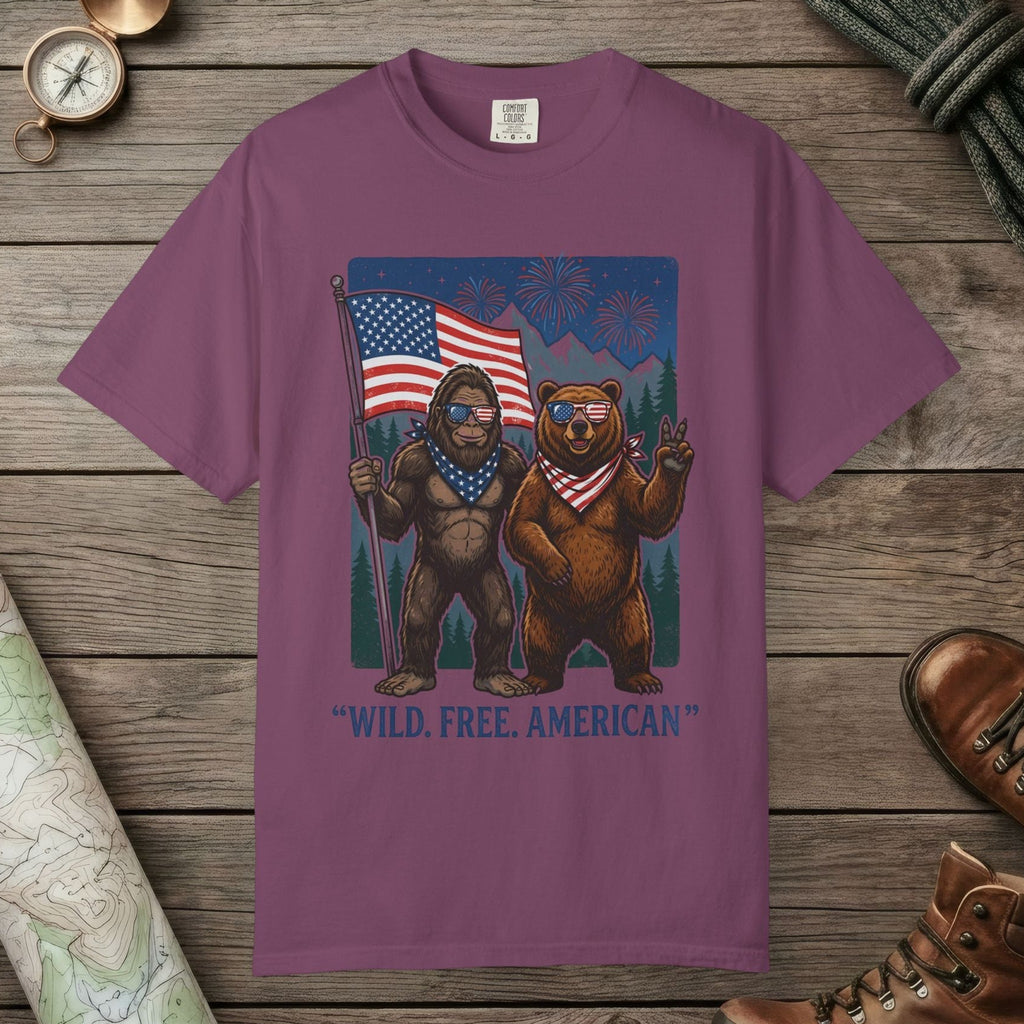 Berry color unisex graphic t-shirt with "Wild Free American" design