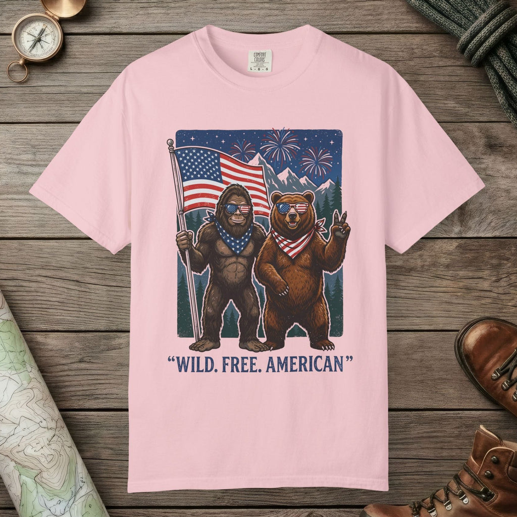 Blossom color unisex graphic t-shirt with "Wild Free American" design