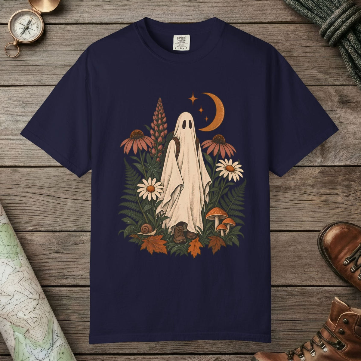True Navy color unisex graphic t-shirt with "Wildflower Wraith" design