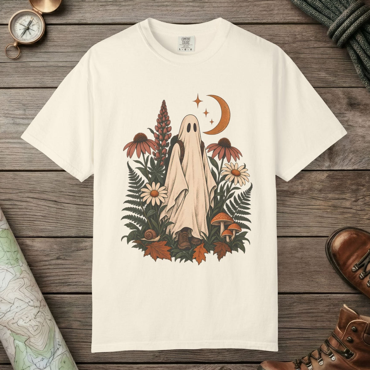 Ivory color unisex graphic t-shirt with "Wildflower Wraith" design