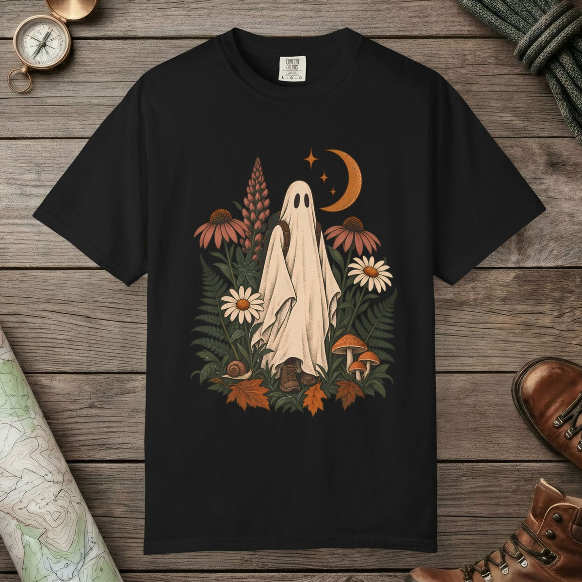 Black color unisex graphic t-shirt with "Wildflower Wraith" design