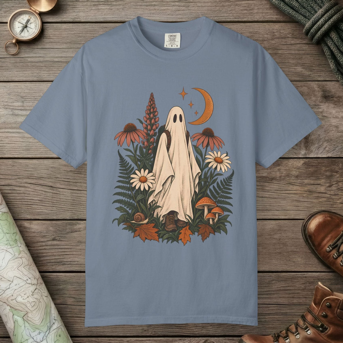 Blue Jean color unisex graphic t-shirt with "Wildflower Wraith" design